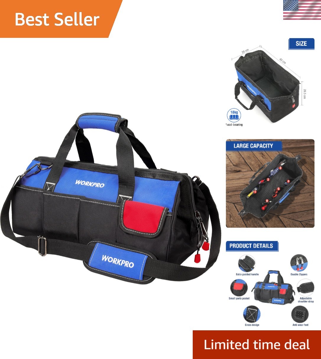 Professional 18-Inch Tool Bag with Convenient Adjustable Strap & Tool Loops