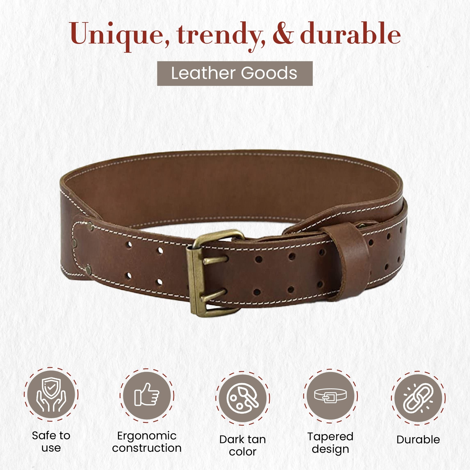 3 inch Wide Tapered Full-Grain Leather Work Belt Dark Tan #98437 Heavy Duty