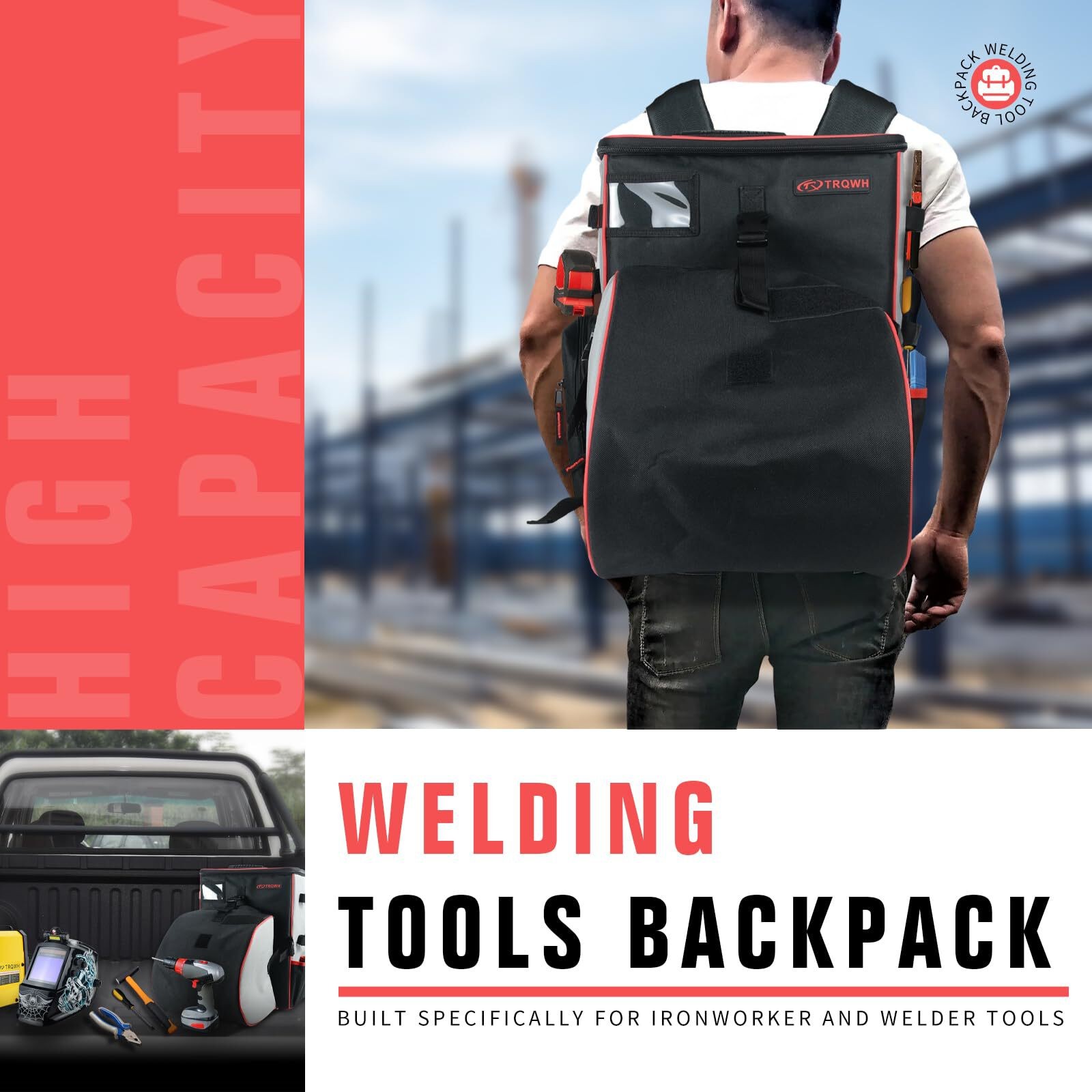 TRQWH Industrial Welding Gear Pack with Helmet Holder, 14 Compartments, Black