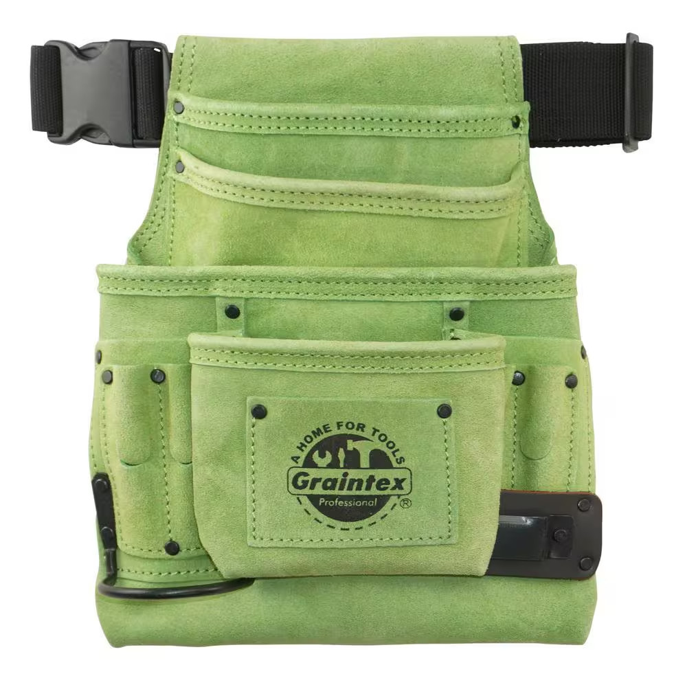10-Pocket Nail and Tool Pouch with Belt Lime Green Suede Leather W/Hammer Holder