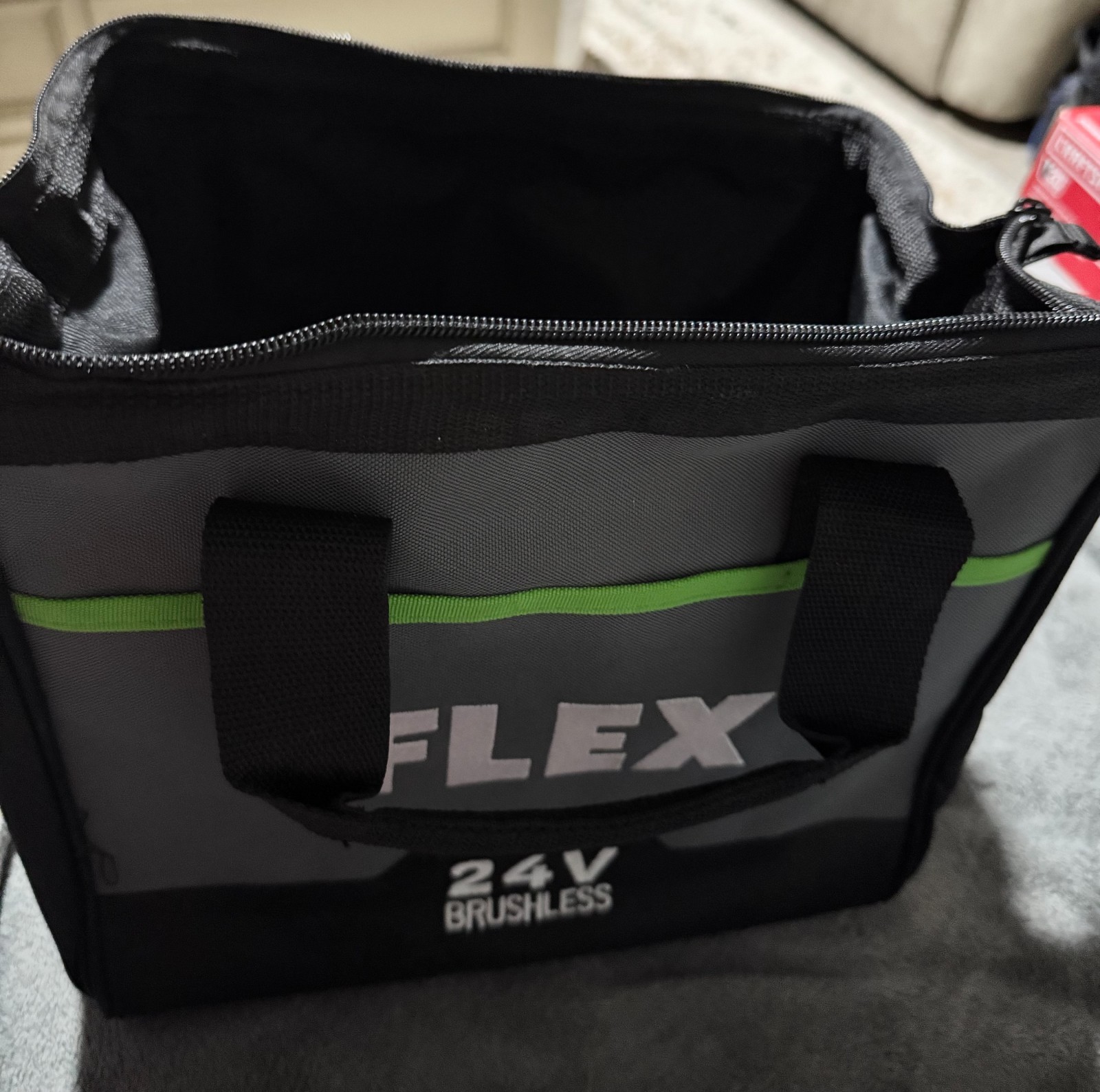 FLEX 24v Zippered Tool Bag Black Grey W/Green Stripe 12x10x8 6 slip pockets NEW