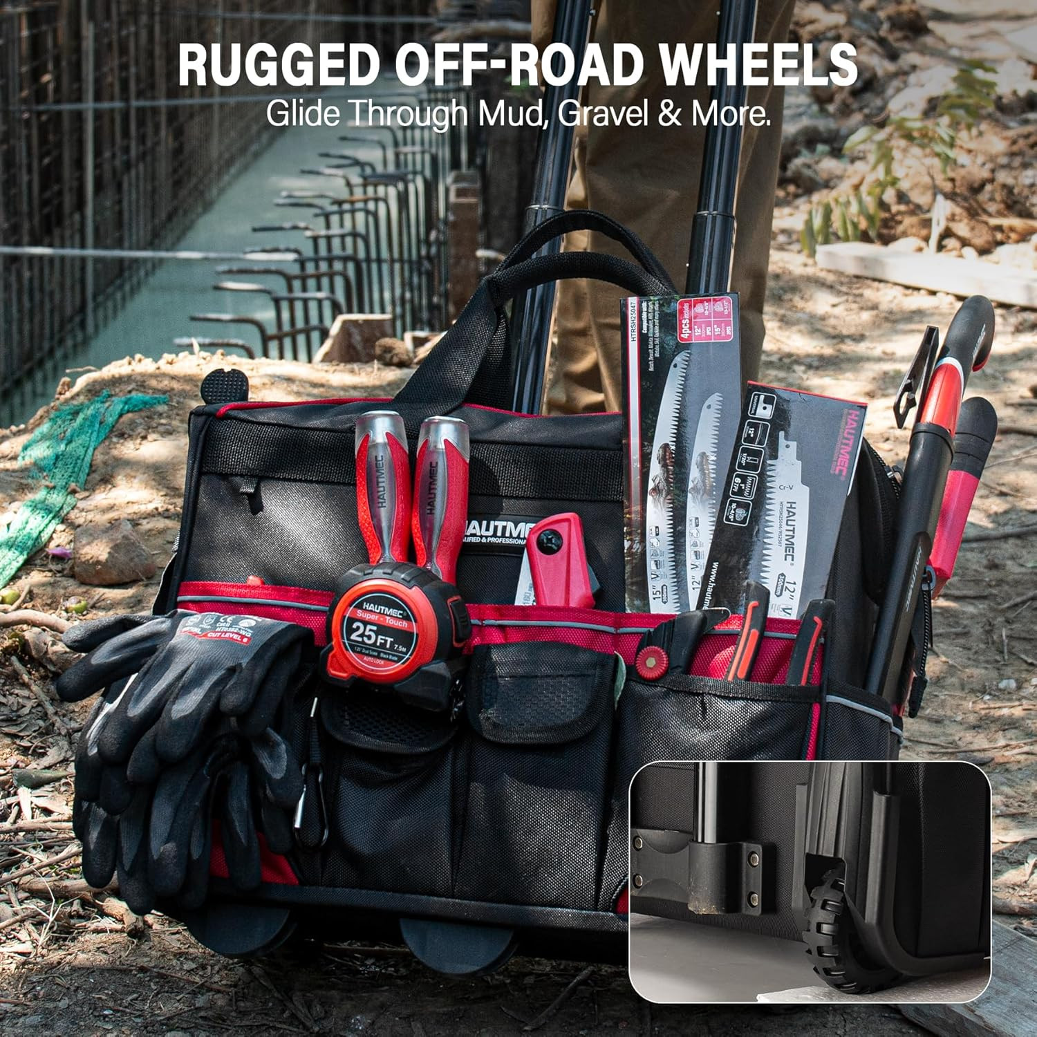 18″ Rolling Tool Bag with Wheels & 23 Pockets – Water-Resistant Organizer