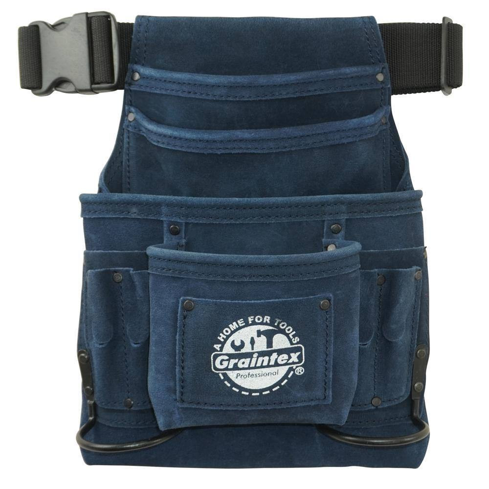 10-Pocket Nail and Tool Pouch in Navy Blue Suede Leather W/Belt and 2 Hammer Hol