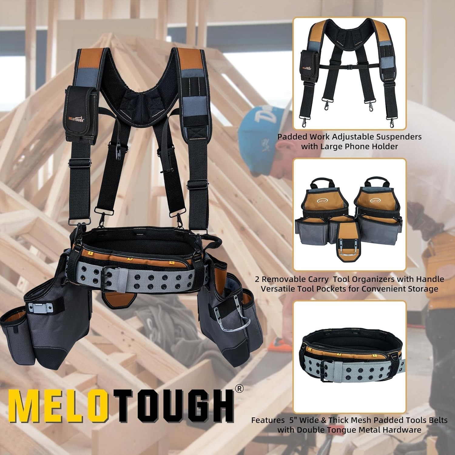 28-Pocket Heavy-Duty Tool Belt & Padded Suspenders for Professionals – Khaki