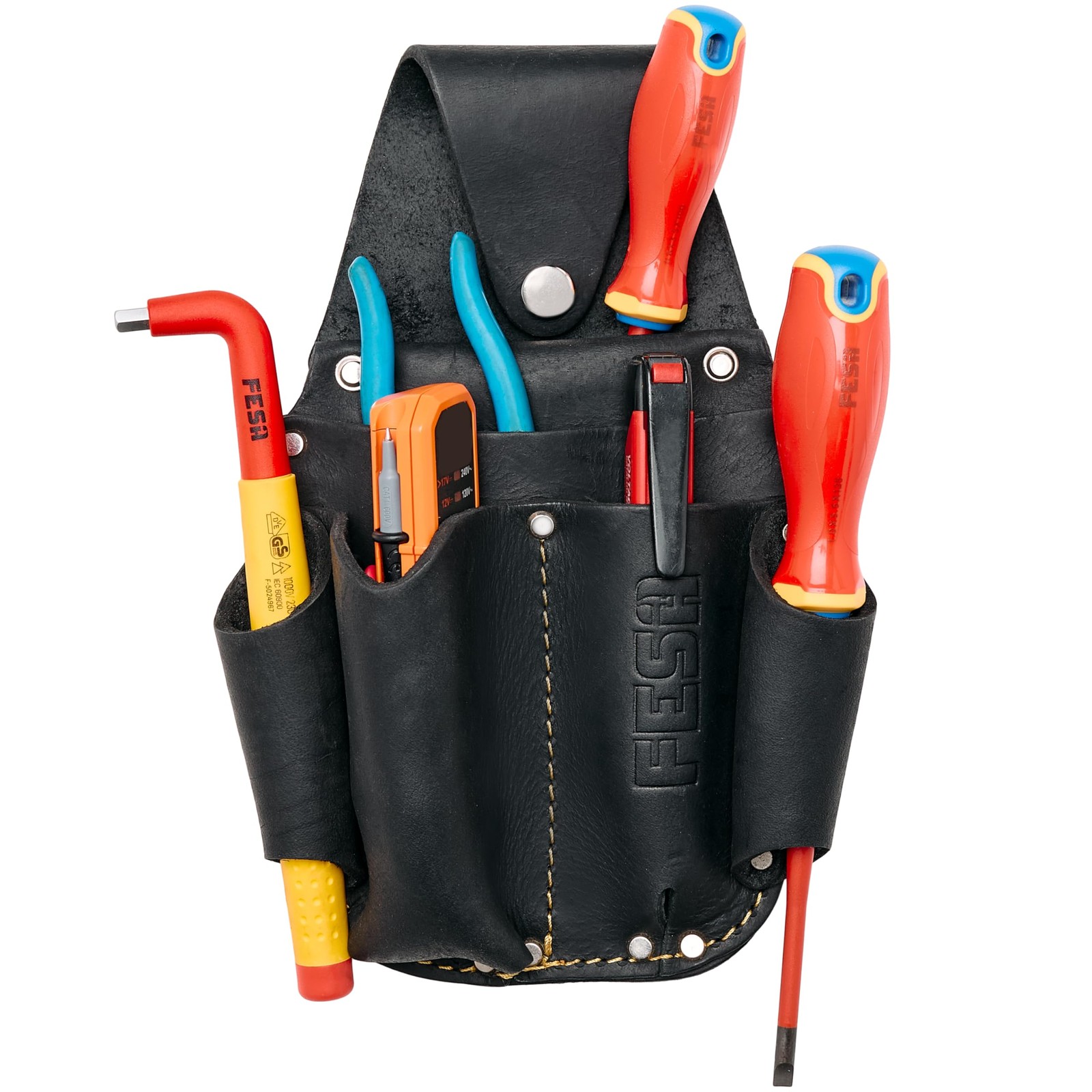 Leather Electrician Tool Pouch Caddy Clip Fits 3 Inch Belts 5 Compartment