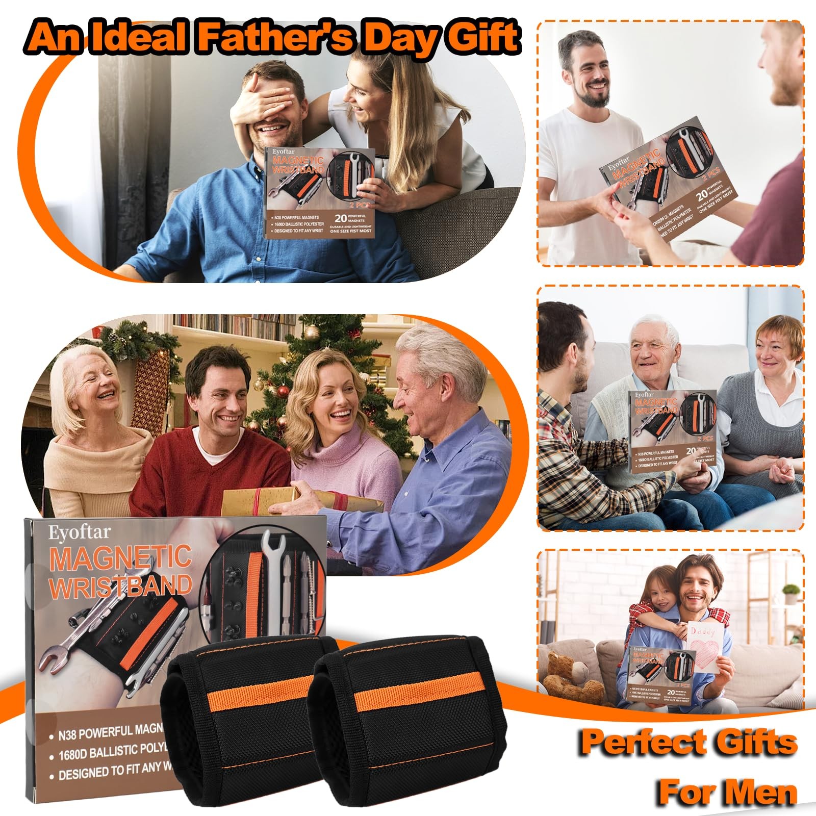 Magnetic Wristband for Tools (2-Pack) – Premium Tool Belt Men, Orange