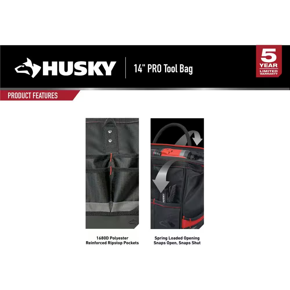 Husky PRO Tool Bag Heavy-Duty Polyester 14 in Durable Lockable Padded Handle