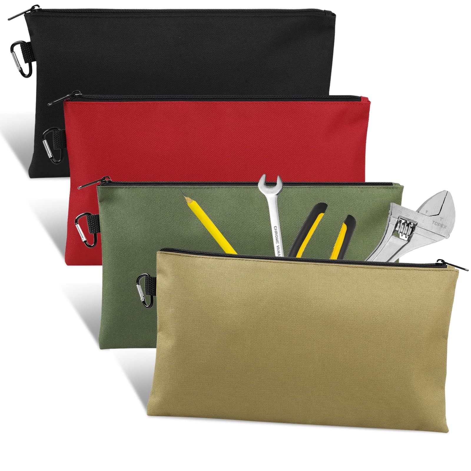 Tool Pouch Bag with Zipper Storage with Carabiner for Tools Stationary 4pk 12″