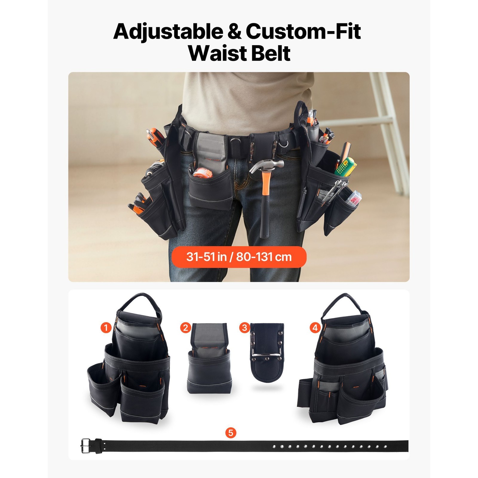 Carpenter Tool Belt: 18 Pockets, 600D Fabric, Ergo Waist, Fits 31-51in