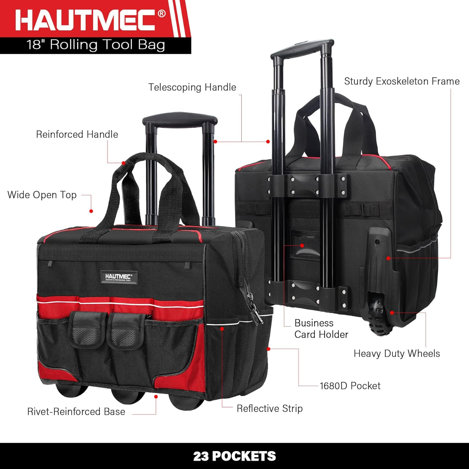18″ Rolling Tool Bag with Wheels & 23 Pockets – Water-Resistant Organizer