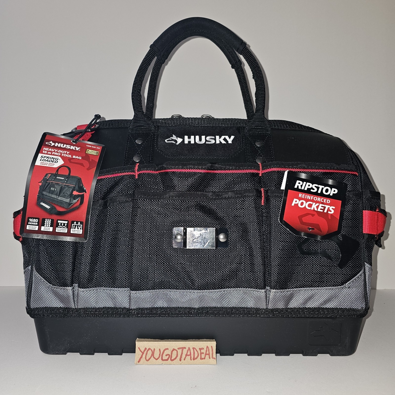 Husky Tool Bag 16in Heavy Duty Pro Tote Organizer 28 Pocket Waterproof Base