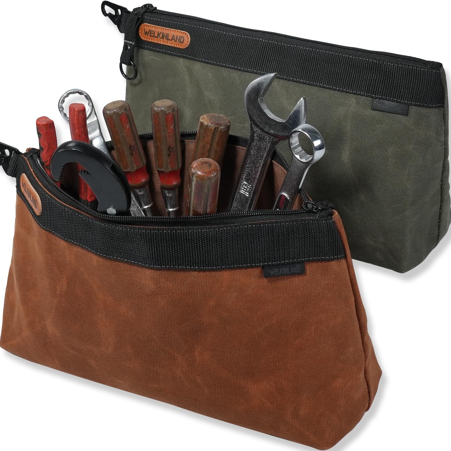 WELKINLAND 2-Pack Heavy-Duty Waxed Canvas Tool Pouches, 14-Inch Zippered Tool…