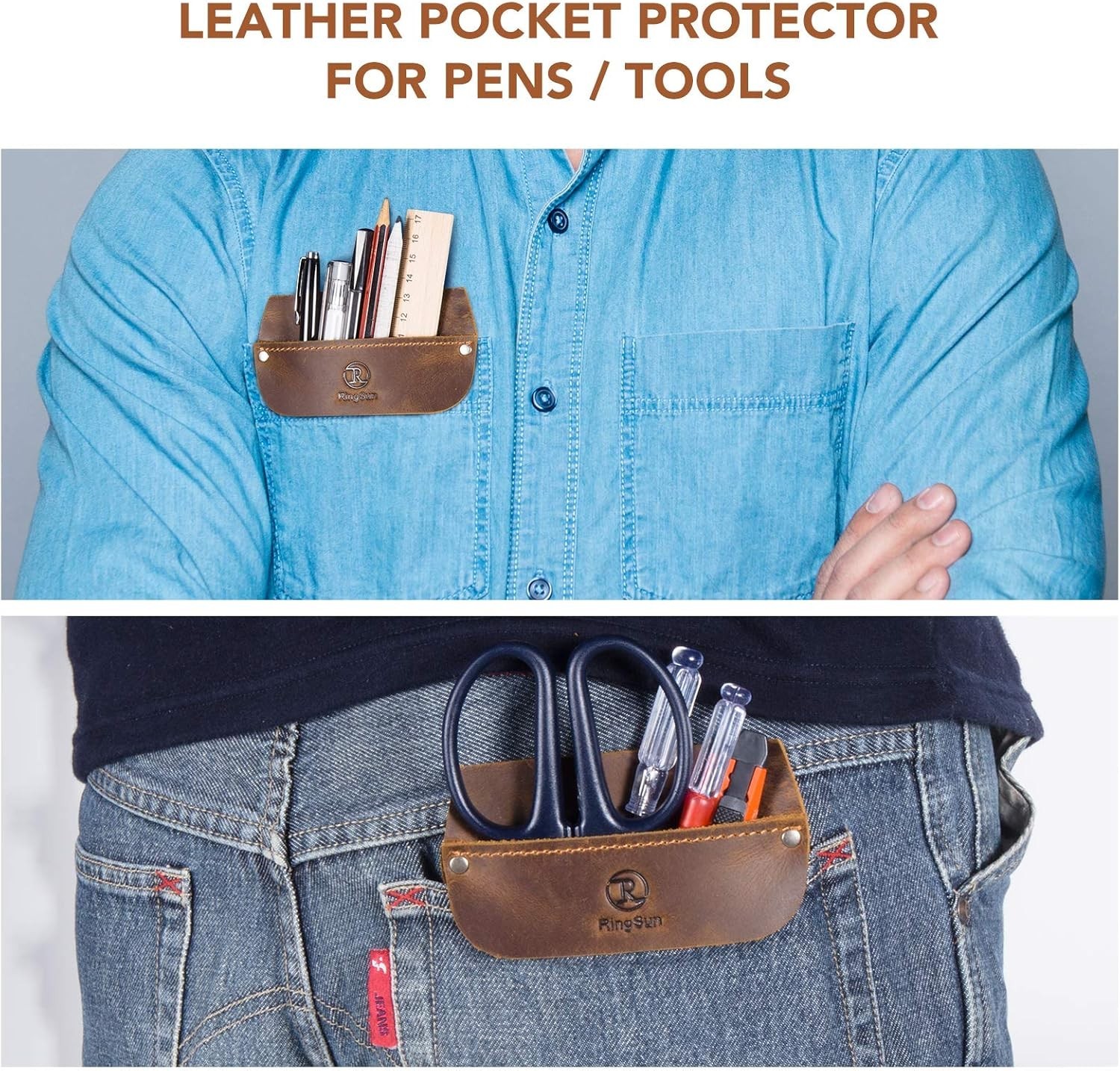 Leather Pocket Protector, Durable Tool Pouch for Men, Fits Jeans and Shirts
