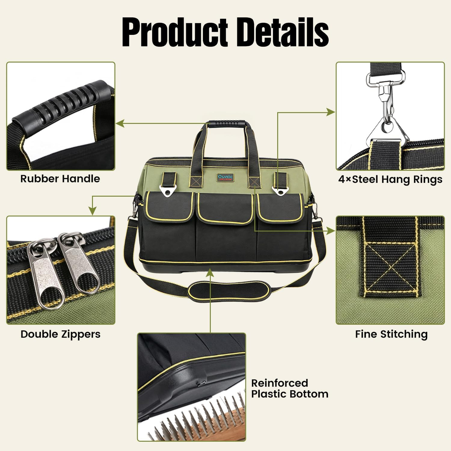 Tool Bag, 18 Inch Large Tool Tote Bag Heavy Duty with Waterproof Molded Base, W