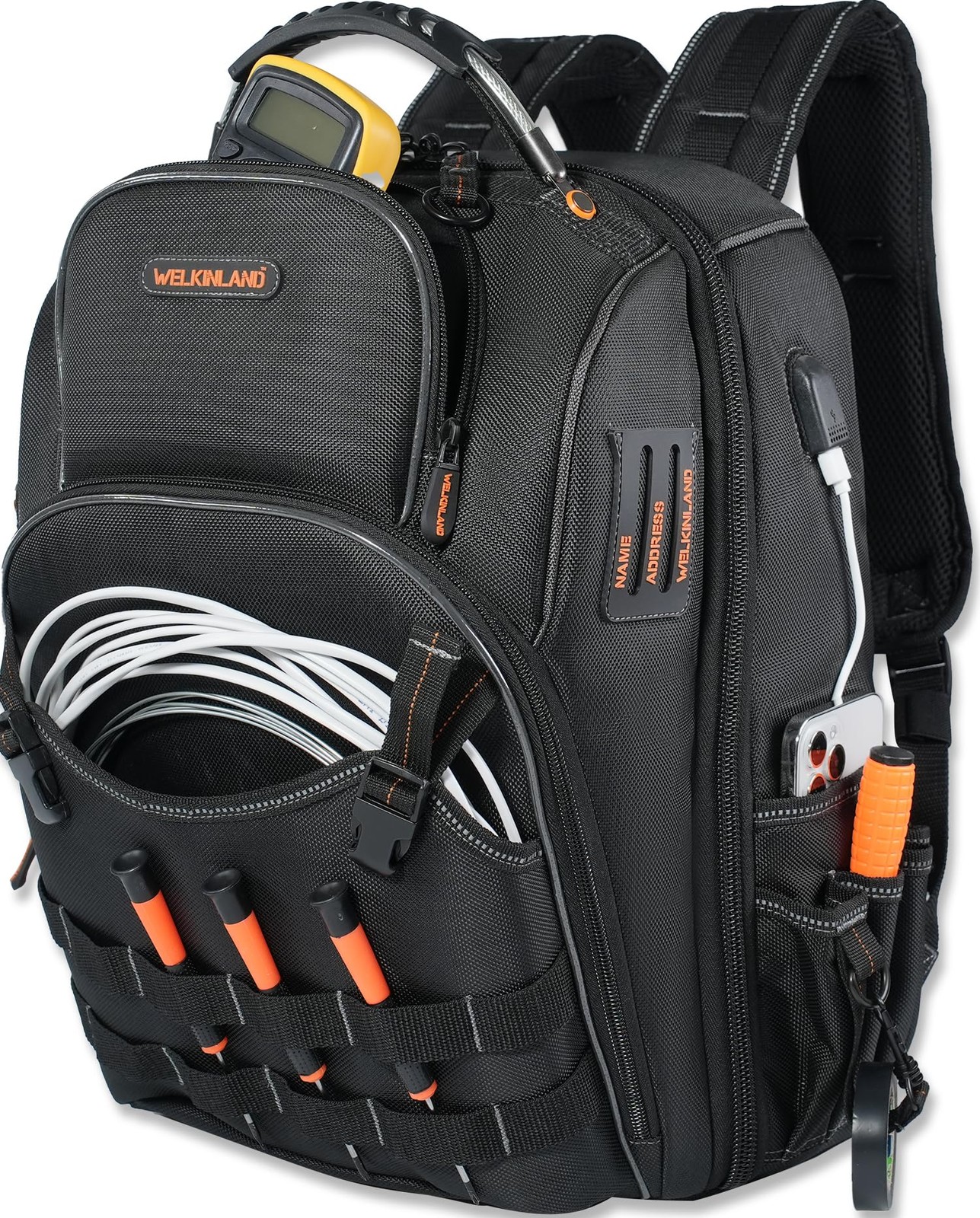 66-Pockets Tool Bag, Heavy-Duty Jobsite back pack for electricians construction