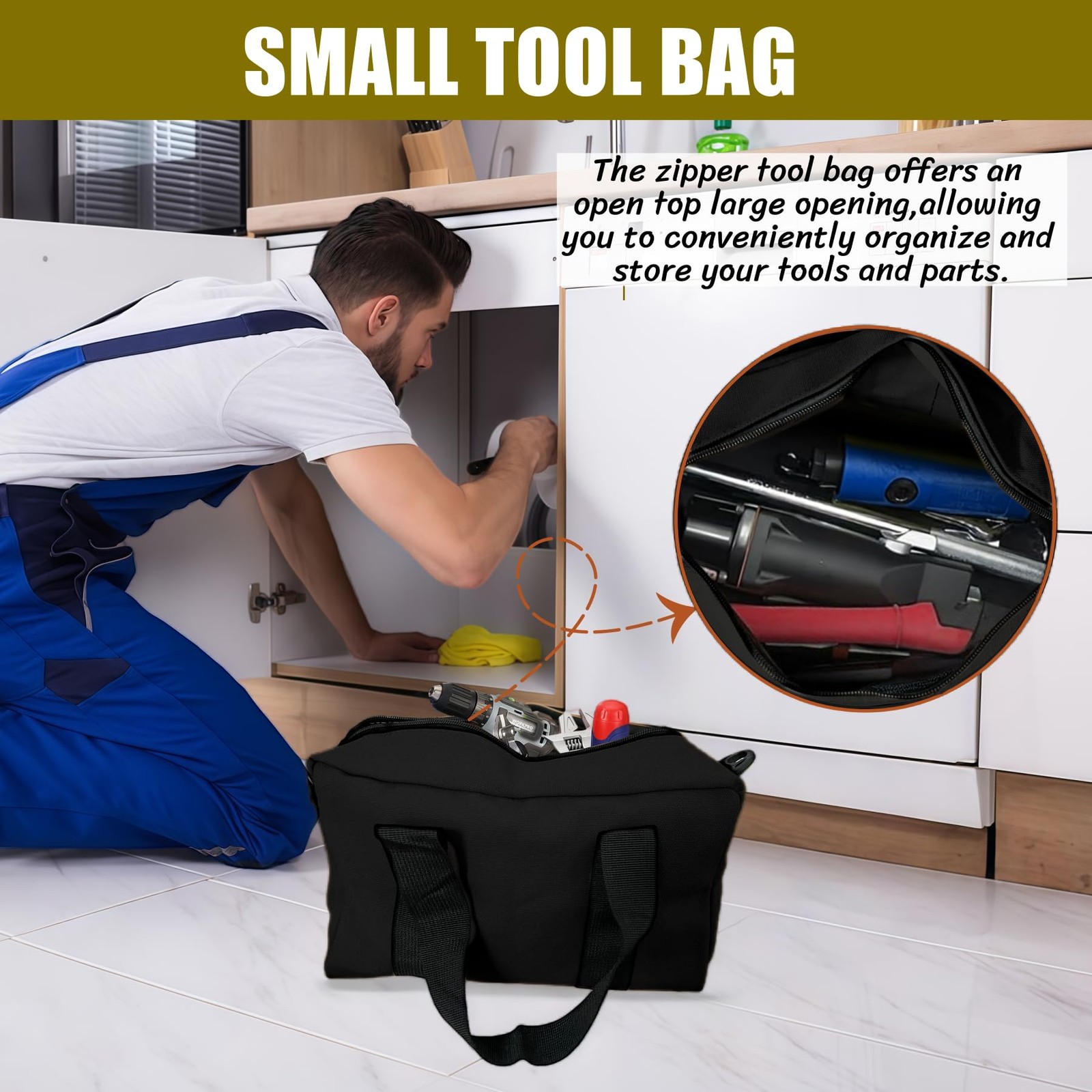 BLIRITEL 16 Inch Wide Mouth Tool Bag, Heavy Duty Canvas 16 Inch, Black