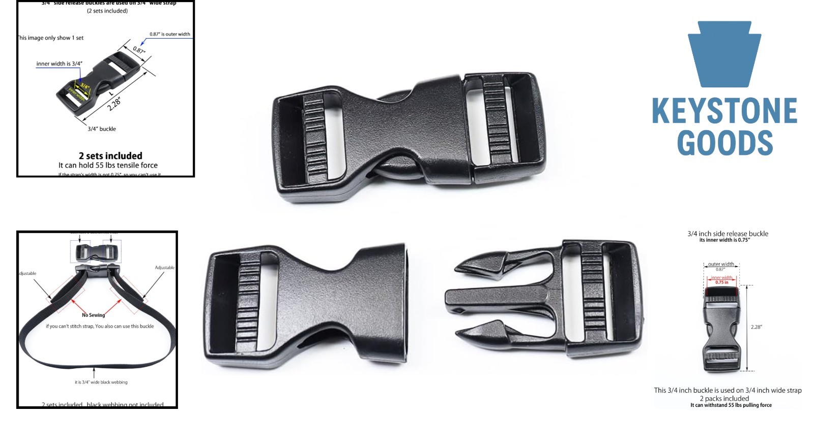 Heavy Duty 3/4 Inch Plastic Side Release Buckles for Straps & Backpacks – 2 Pack