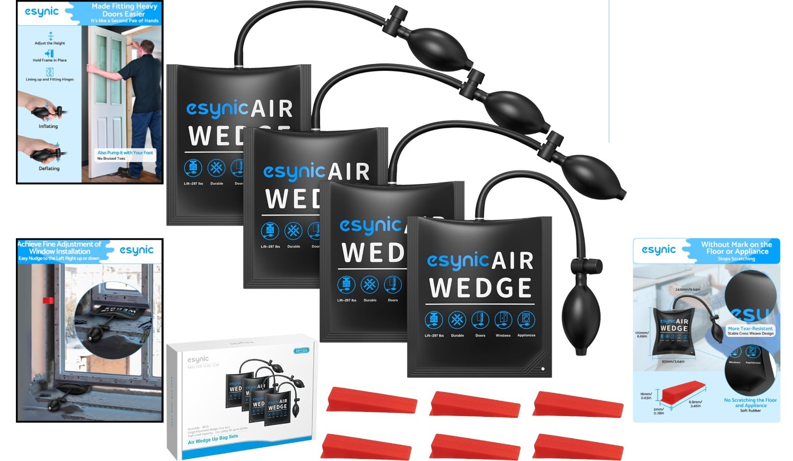 4 Pack Heavy-Duty Air Wedge Bags – 300lb Capacity for Door & Appliance Lifting