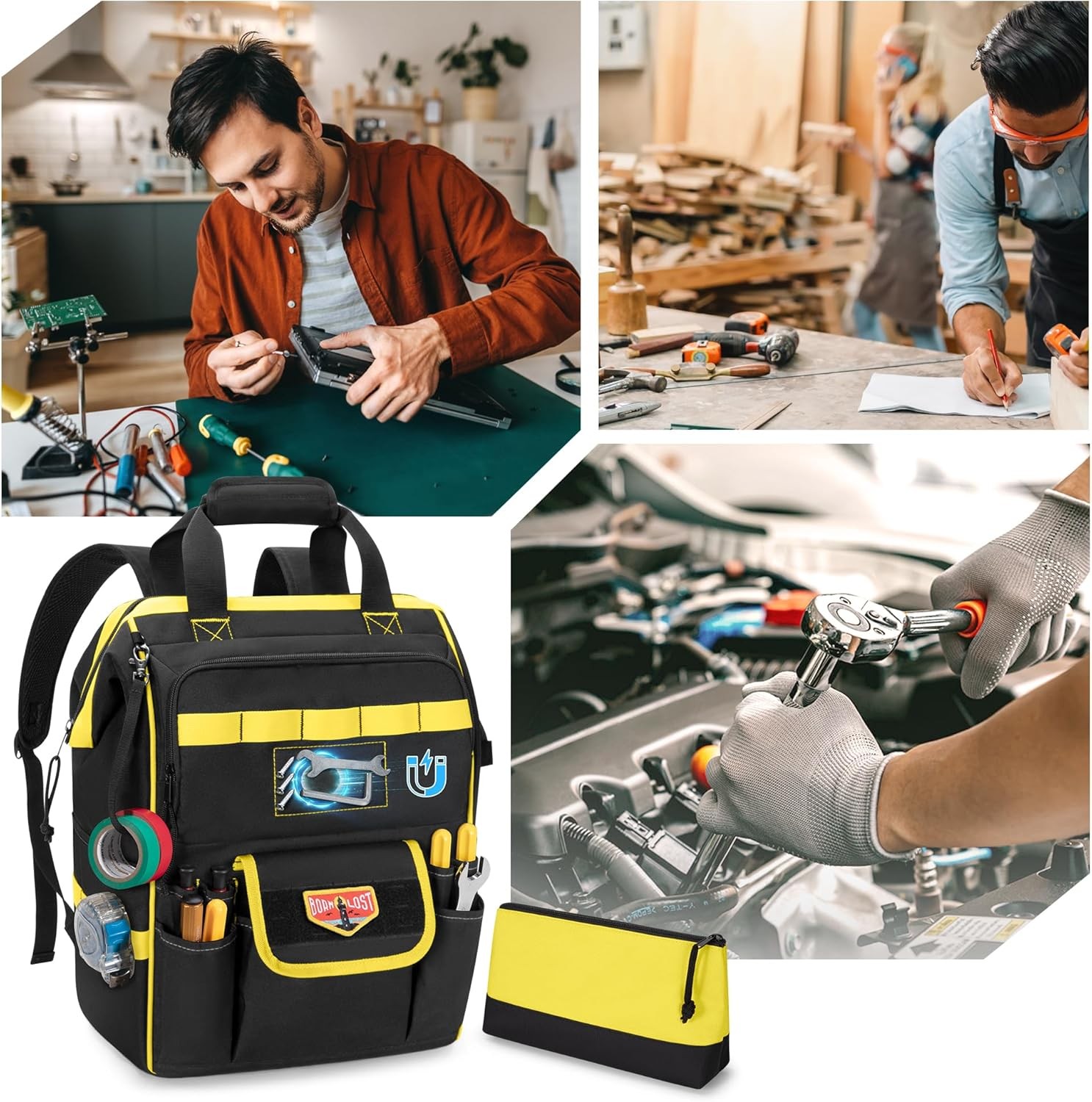 Tool Bag Backpack with Zipper Pouch and Magnetic Attraction Area, Heavy-Duty Too