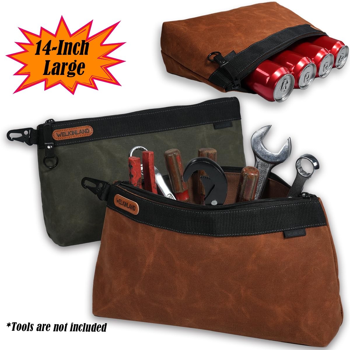 WELKINLAND 2-Pack Heavy-Duty Waxed Canvas Tool Pouches, 14-Inch Zippered Tool…