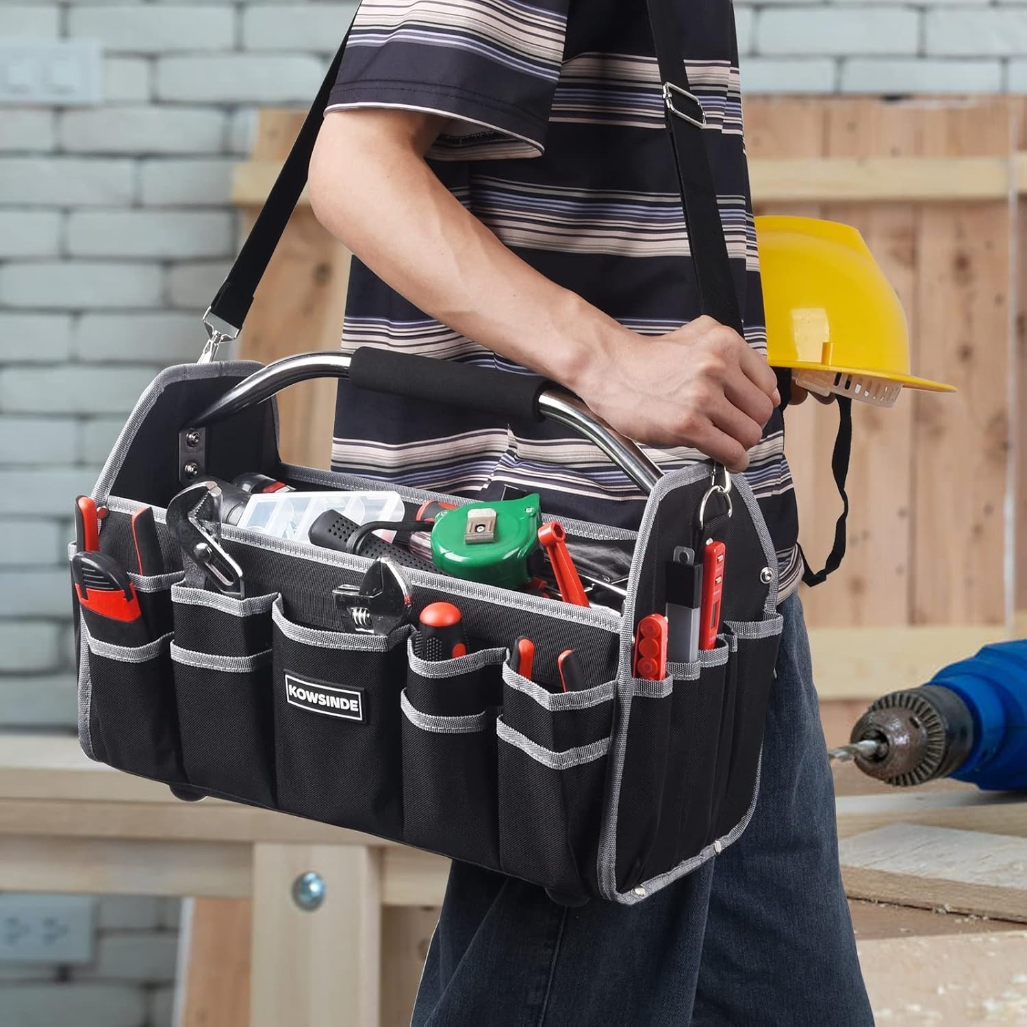 16 Inch Open Top Tool Bag, Foldable 29 Pockets Tool Tote Bags with Handle & P…