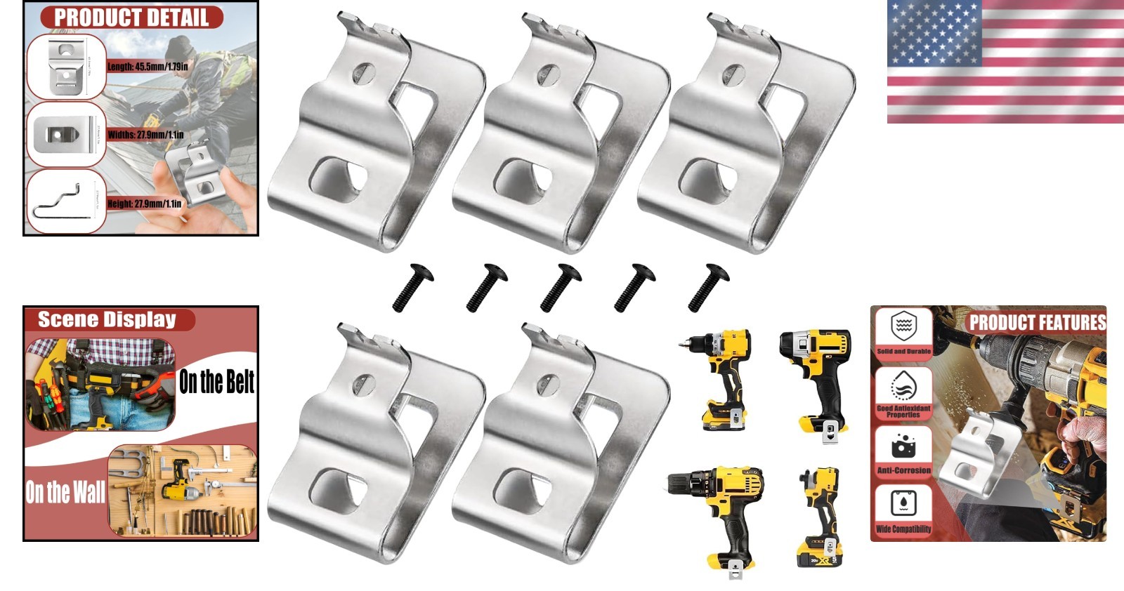 Durable Stainless Steel Belt Clips for 20V Power Tools – 5 PCS with Screws