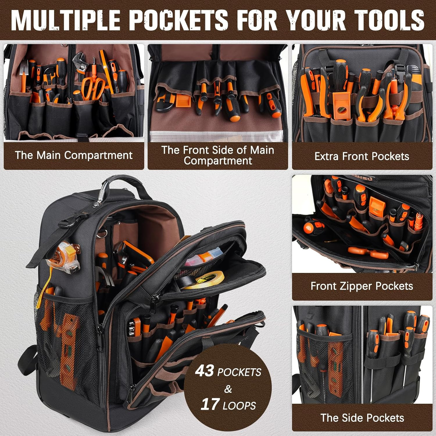Rolling Tool Backpack Heavy Duty, 43 Pockets Tool Backpack with Wheels, Rolling