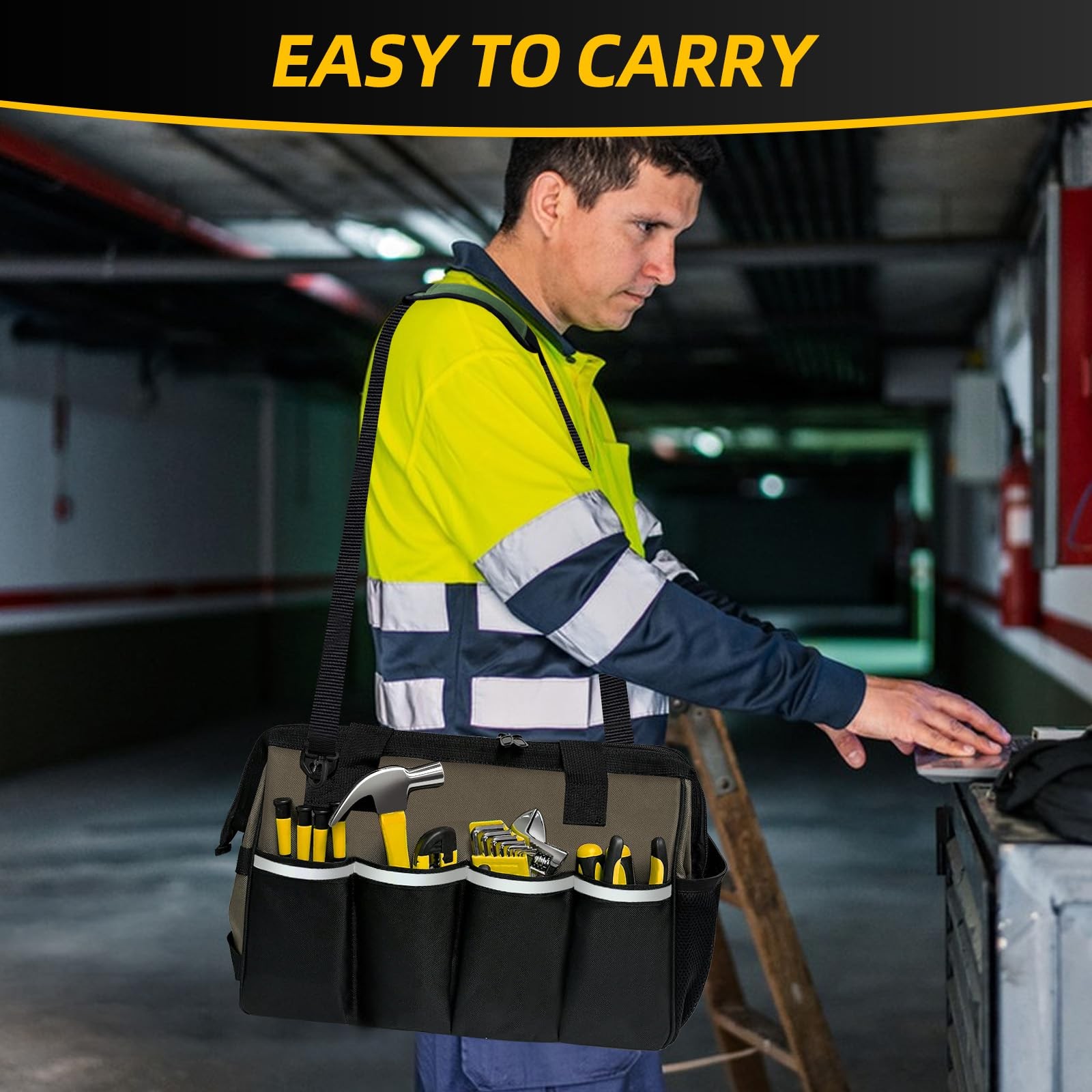 Portable Tool Bag Heavy Duty Tool Box Organizer with Shoulder Strap, Coffee
