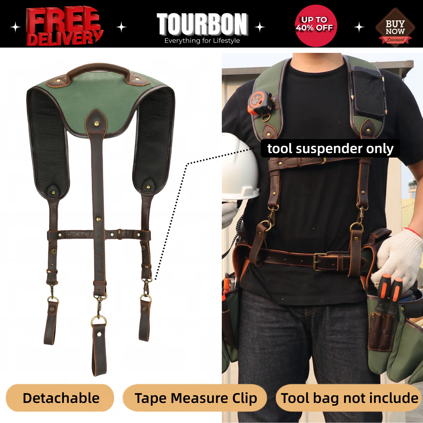 TOURBON Canvas Tool Harness Suspender Carpenter Rig Belt Contractor Holder Strap