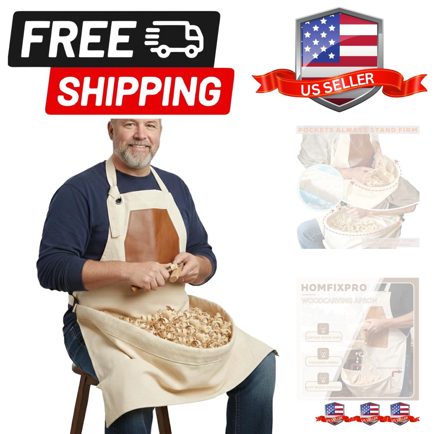 Woodcarving Apron-Work Apron with Brown Leather Chest Patches, Tool Pocket