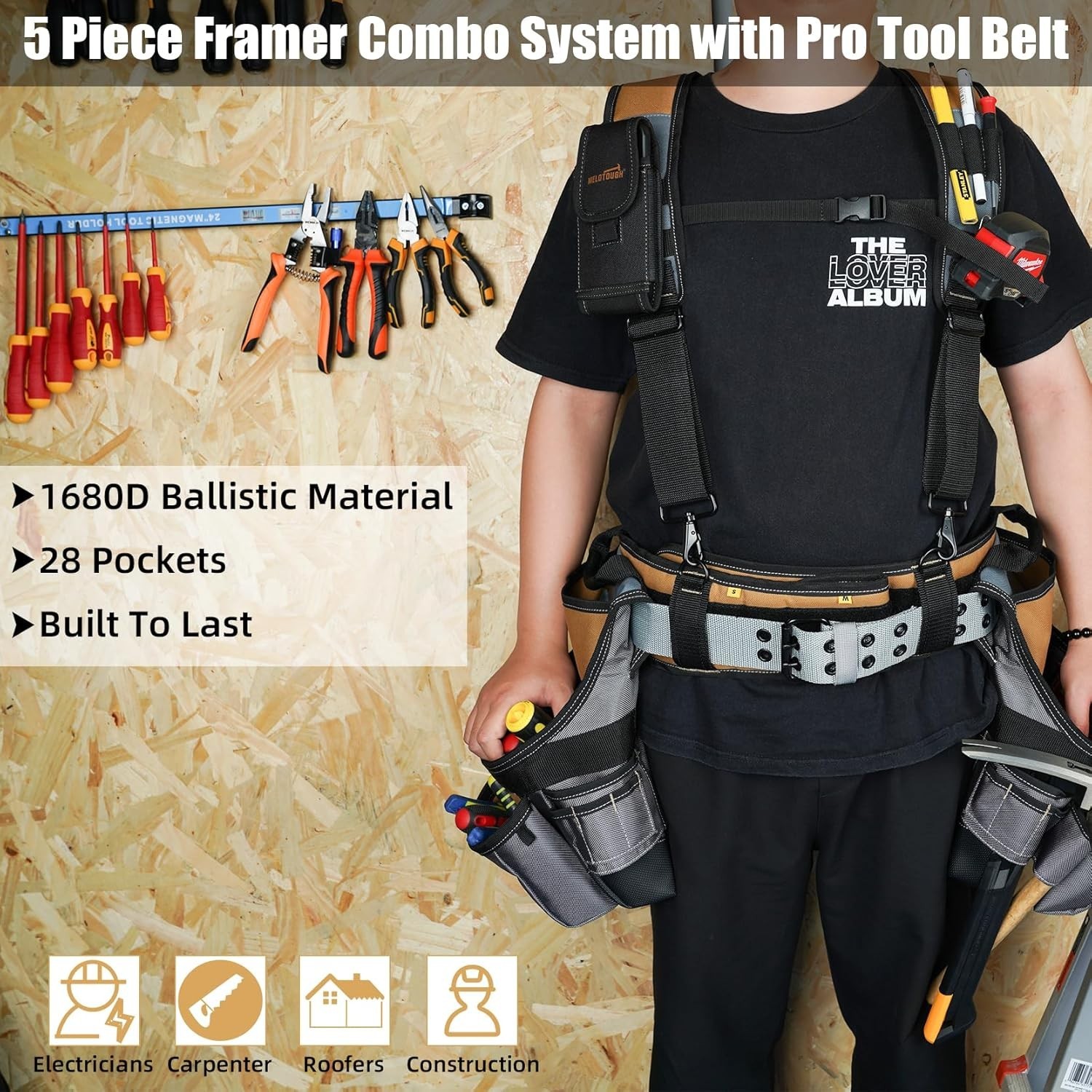 28-Pocket Heavy-Duty Tool Belt & Padded Suspenders for Professionals – Khaki
