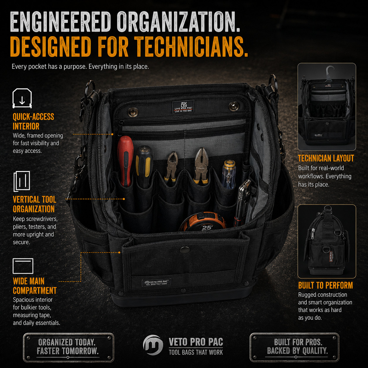 Professional Technician Tool Bag 1680D Waterproof Base 44-Pocket Organizer