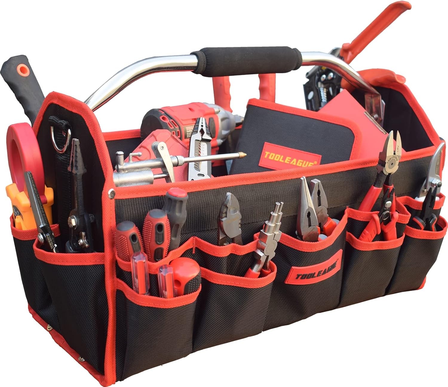 TOOLEAGUE 19 Inches Heavy Duty Tool Bag 25 Pockets, 19 inches(Open Top), red