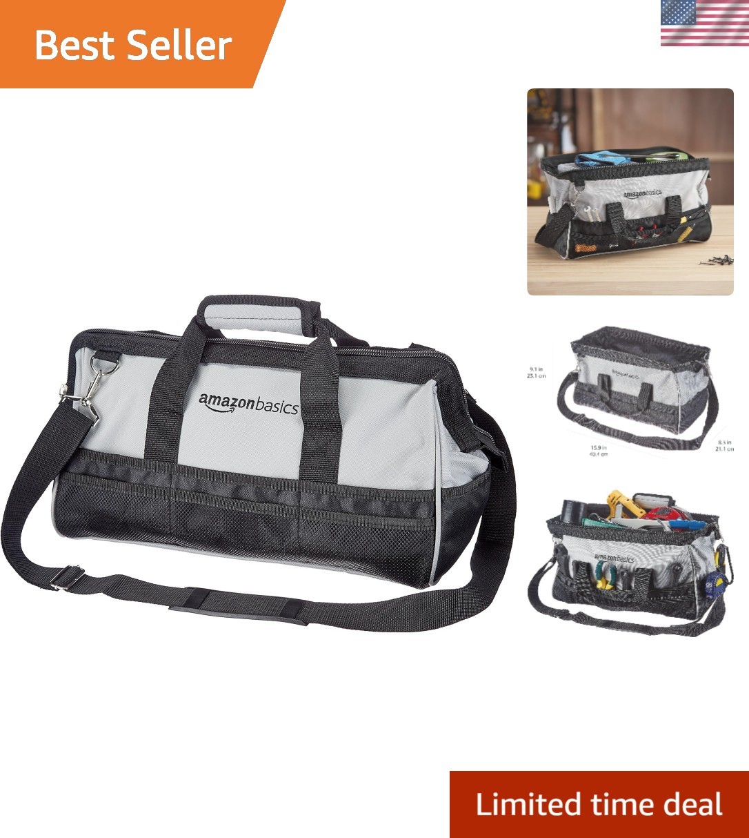 Durable 16-Inch Tool Storage Bag with Adjustable Shoulder Strap in Black & Grey