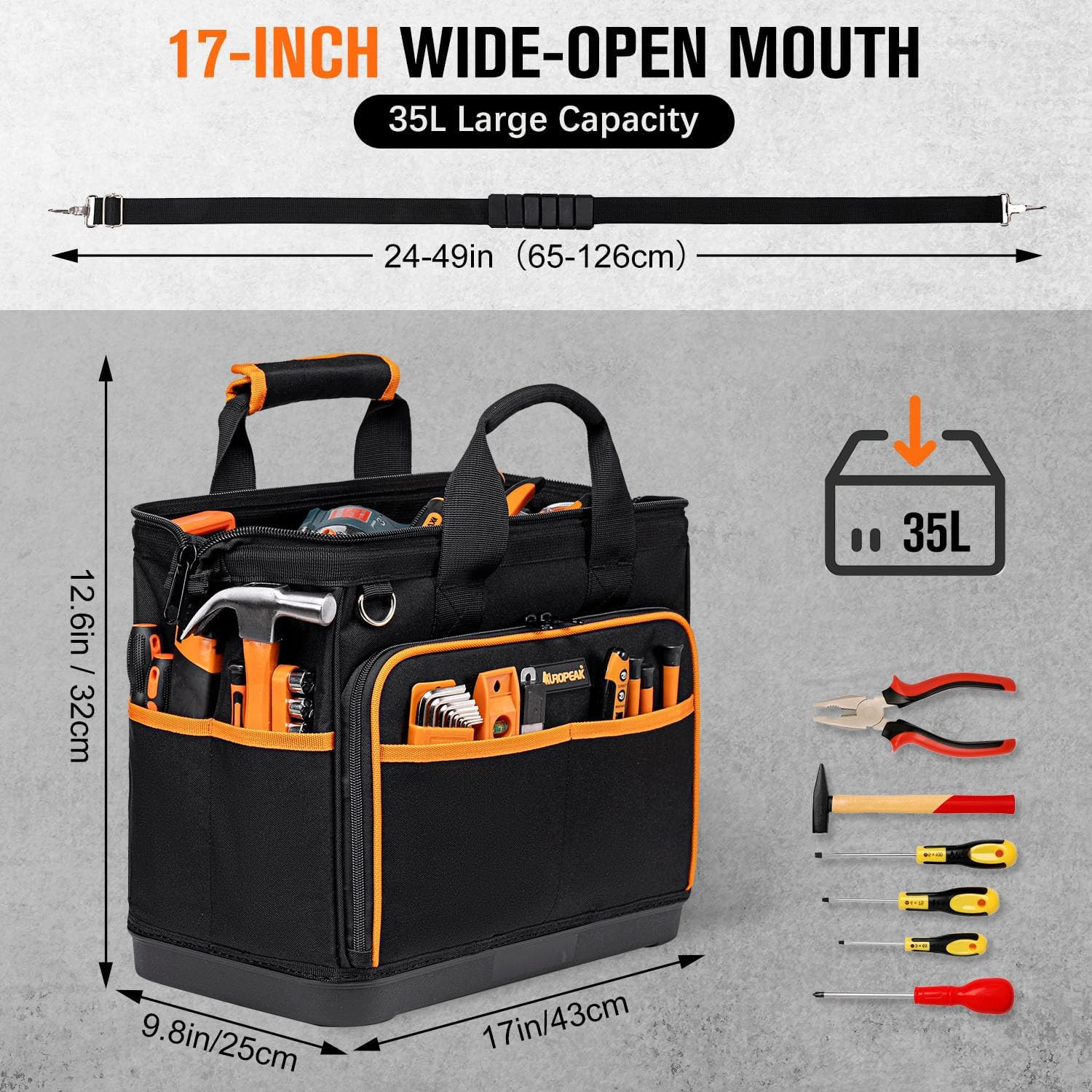 17″ Electrician Tool Bag – 26 Pockets, Waterproof Base, Adjustable Strap