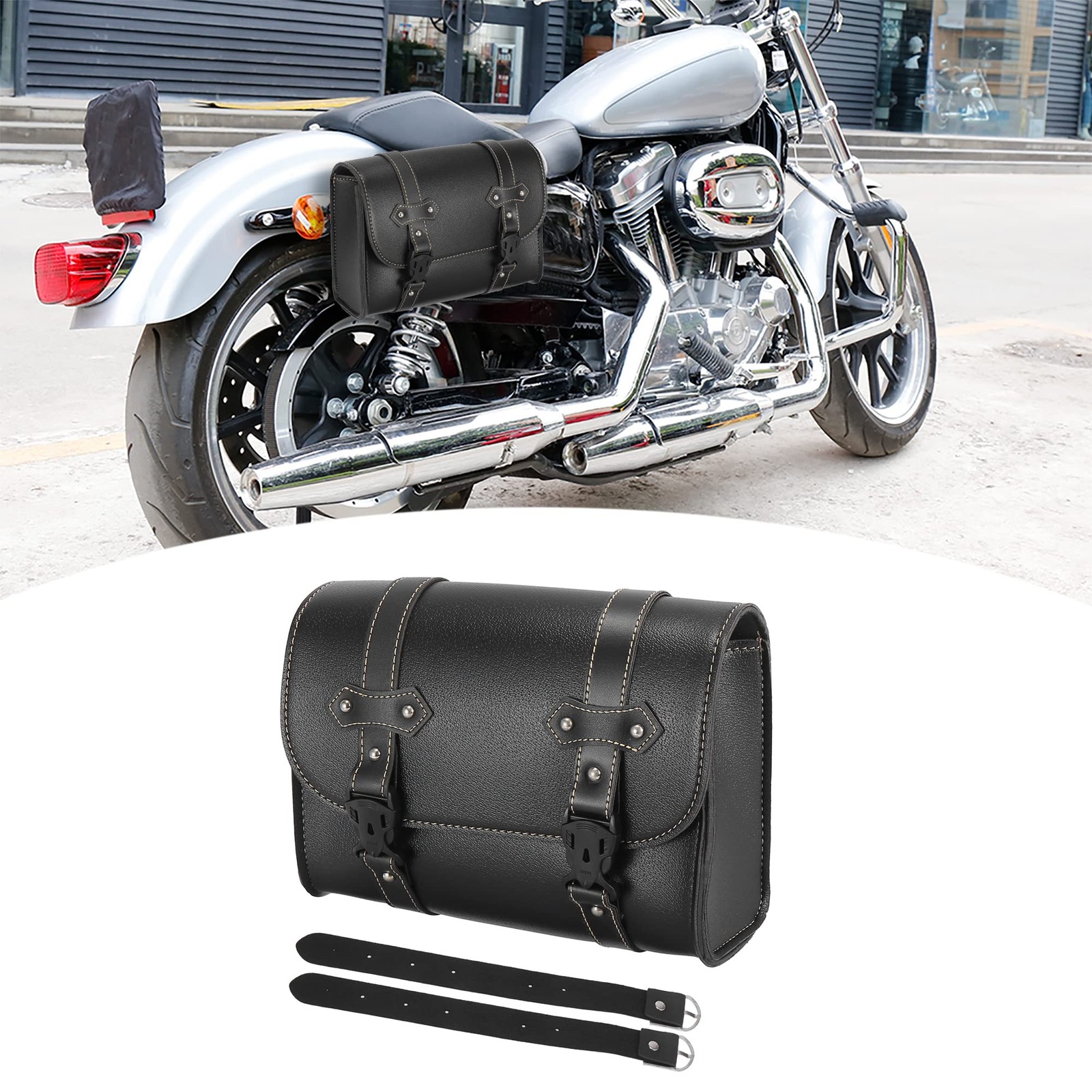 Motorcycle Tool Bag Handlebar Faux Leather Cycling Luggage Waterproof Black