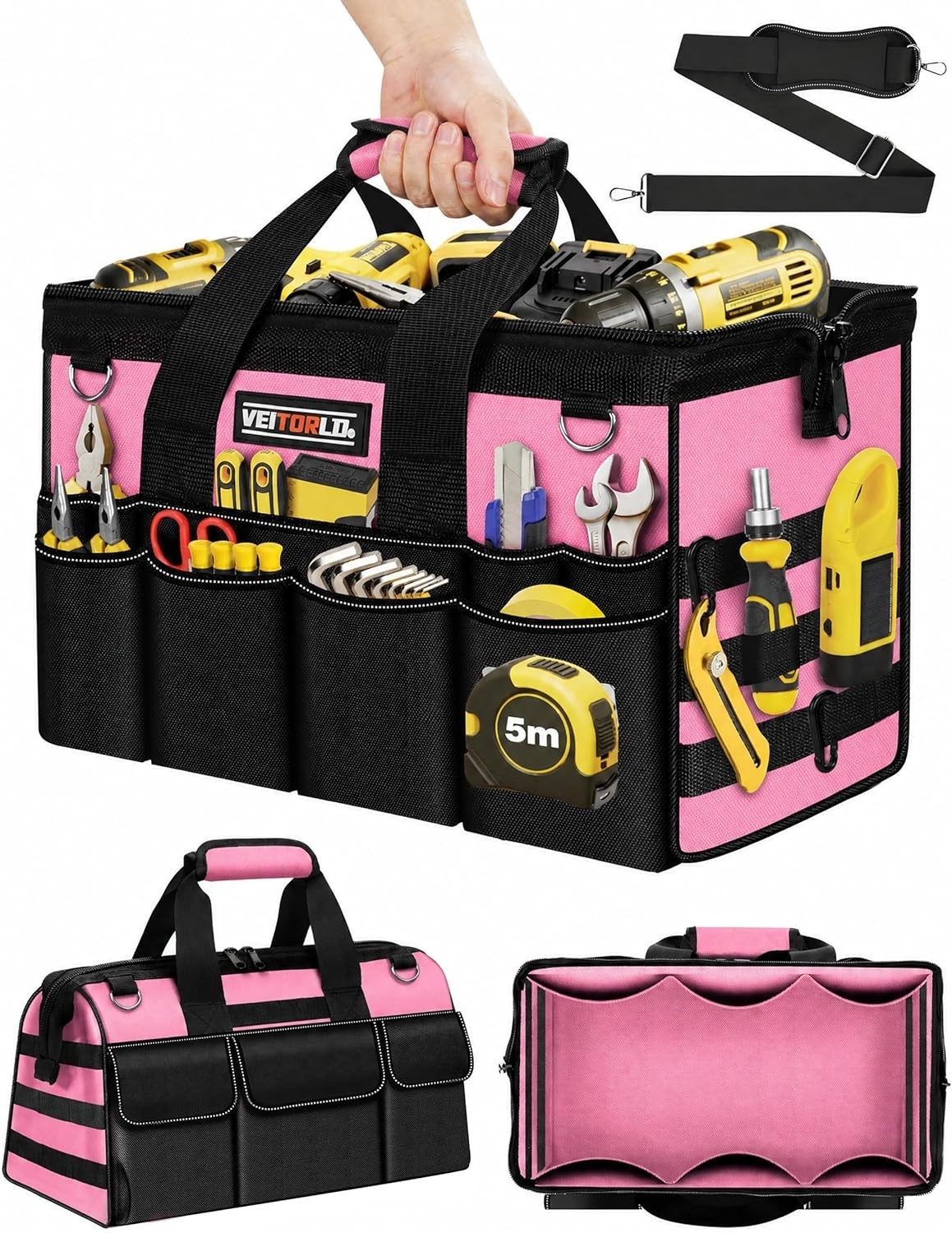 16-Inch Pink Tool Bag with 19 Pockets – Heavy-Duty Organizer for All Needs