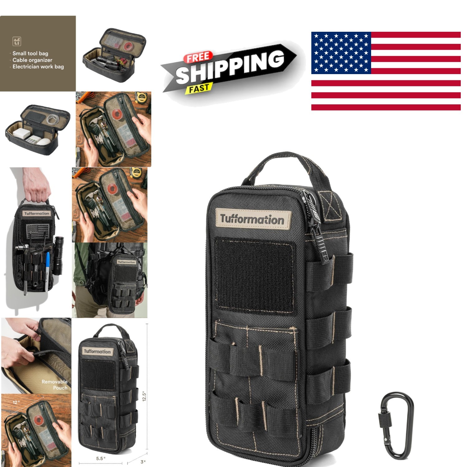 Heavy Duty Small Tool Bag Pouch Black Utility Organizer with Zipper Handle