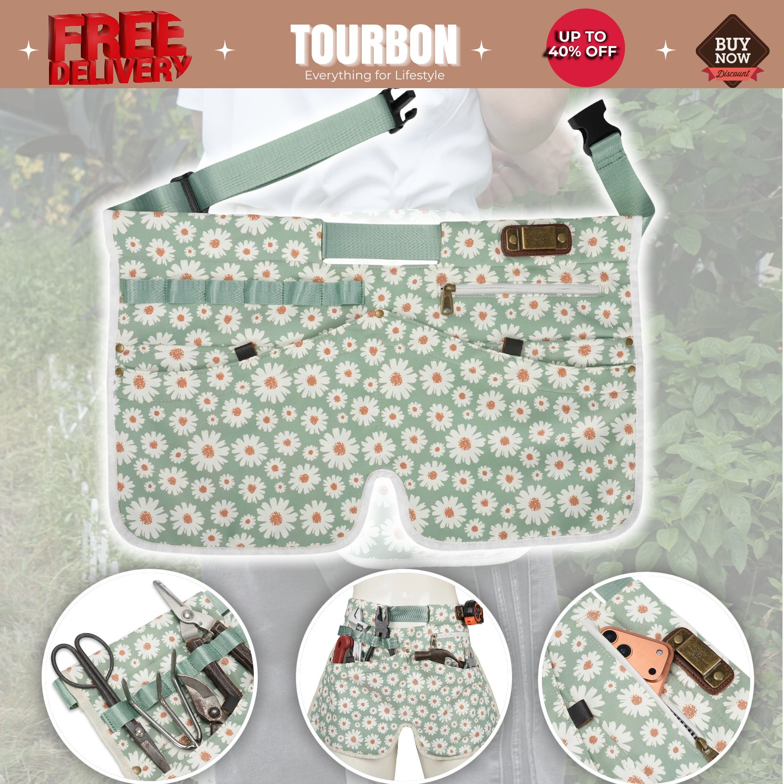 Tourbon Nylon Half Apron Florist Garden Tools Organizer for Household Gardening