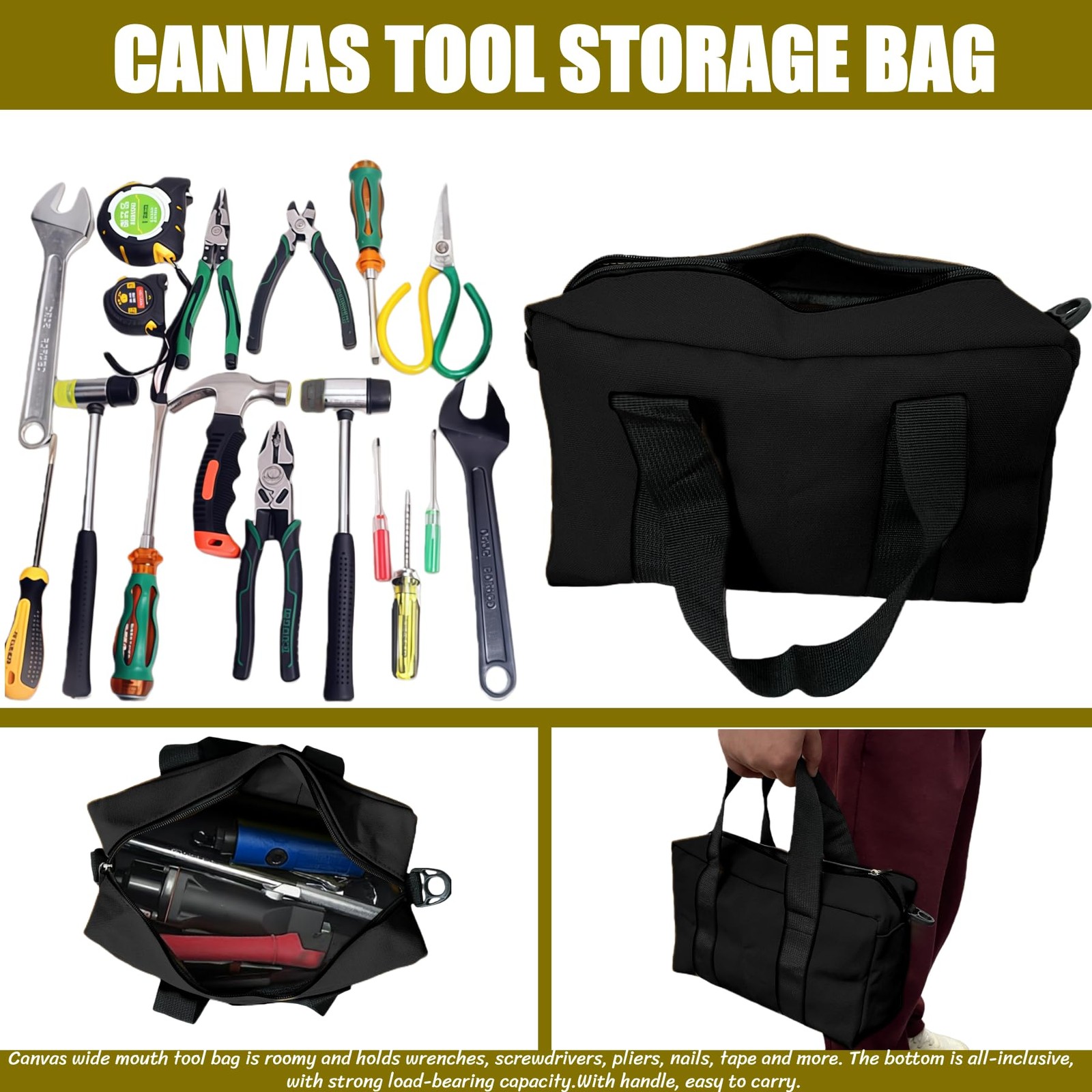 BLIRITEL 16 Inch Wide Mouth Tool Bag, Heavy Duty Canvas 16 Inch, Black