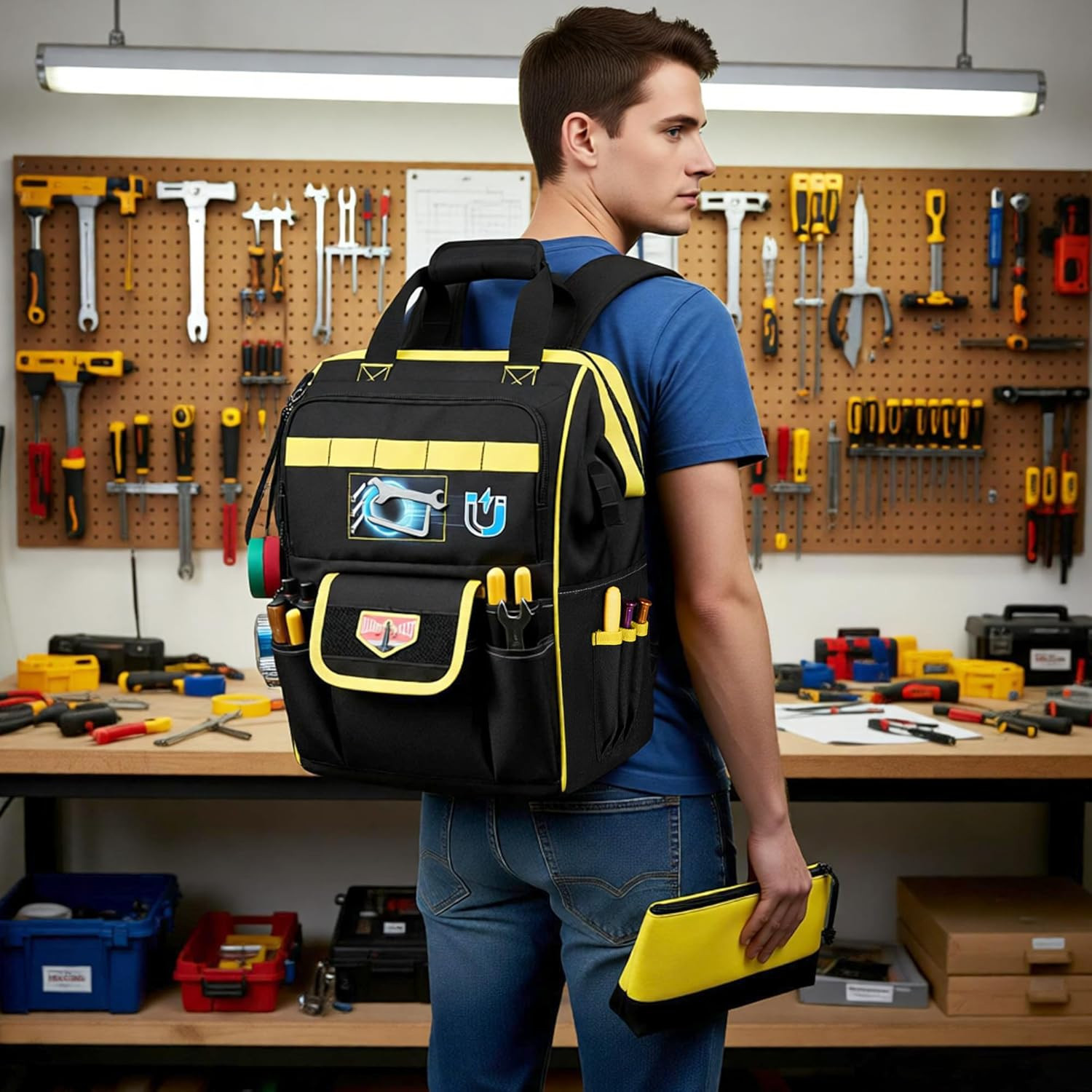 Durable Tool Bag Backpack with Magnetic Pouch for Electricians & Techs