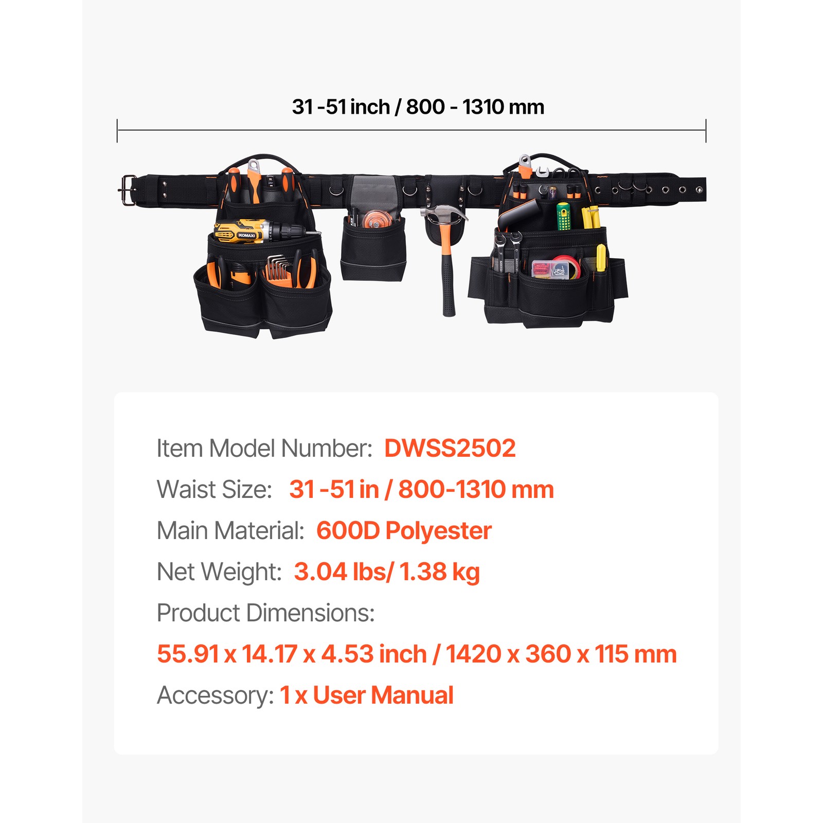 Uimoso Electricians Tool Belt with 18 Pockets for Heavy-Duty Tool Organization