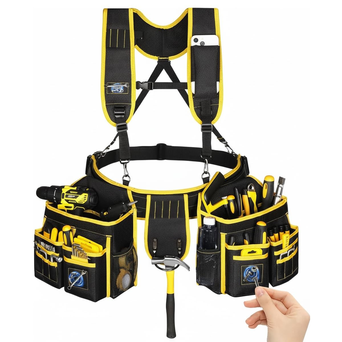 Men’s Heavy Duty Tool Belt with Suspenders 28 Pockets, 32”-66” Adjustable