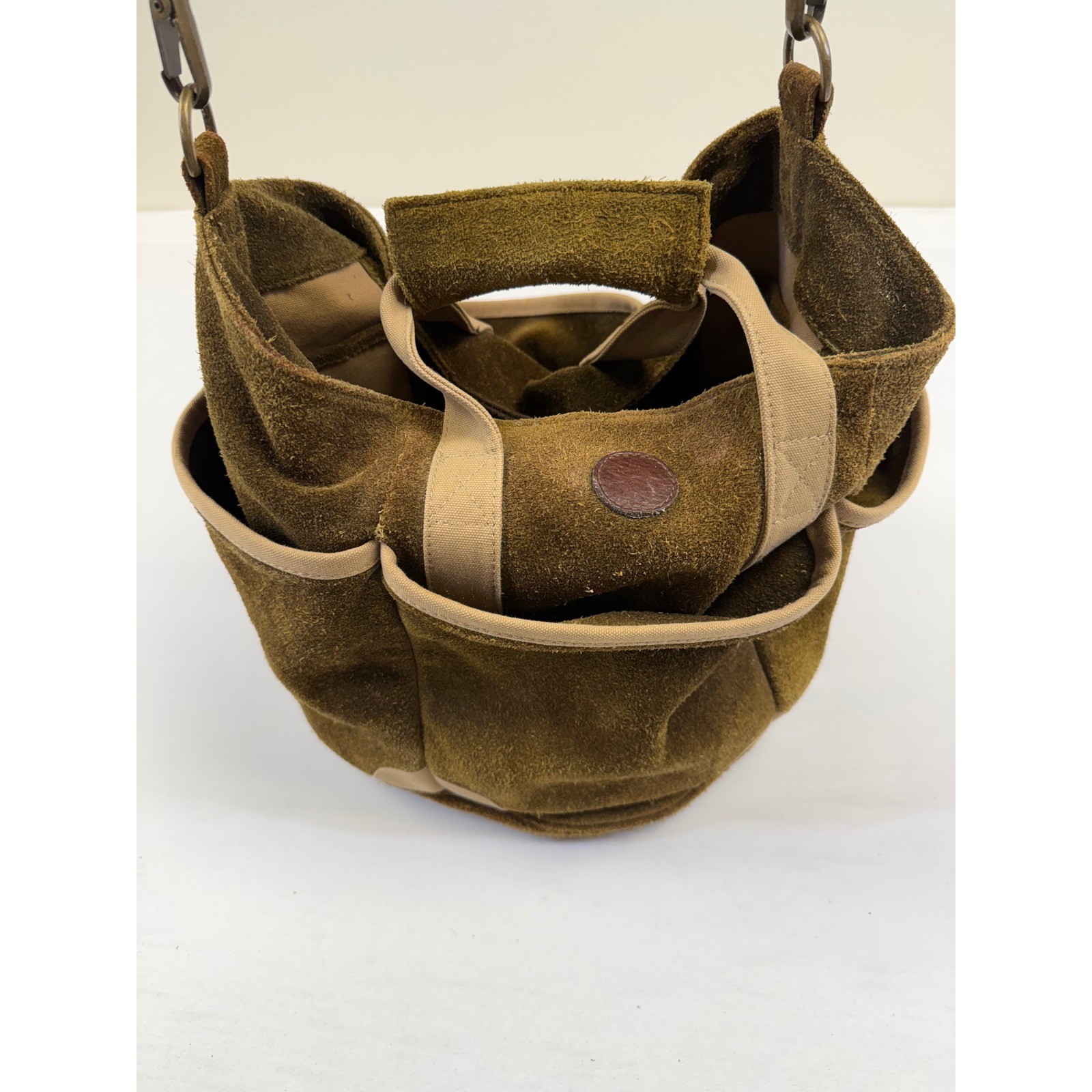 Round Suede Tool Bag Tote Canvas Trim Padded Handle Shoulder Strap Brown