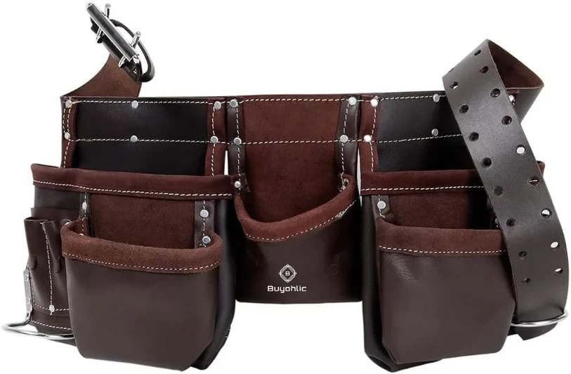 Leather Tool Belt Pouch Bag, 12-Pocket Extra Large Tool Belt, Fits 28″–40″ Waist