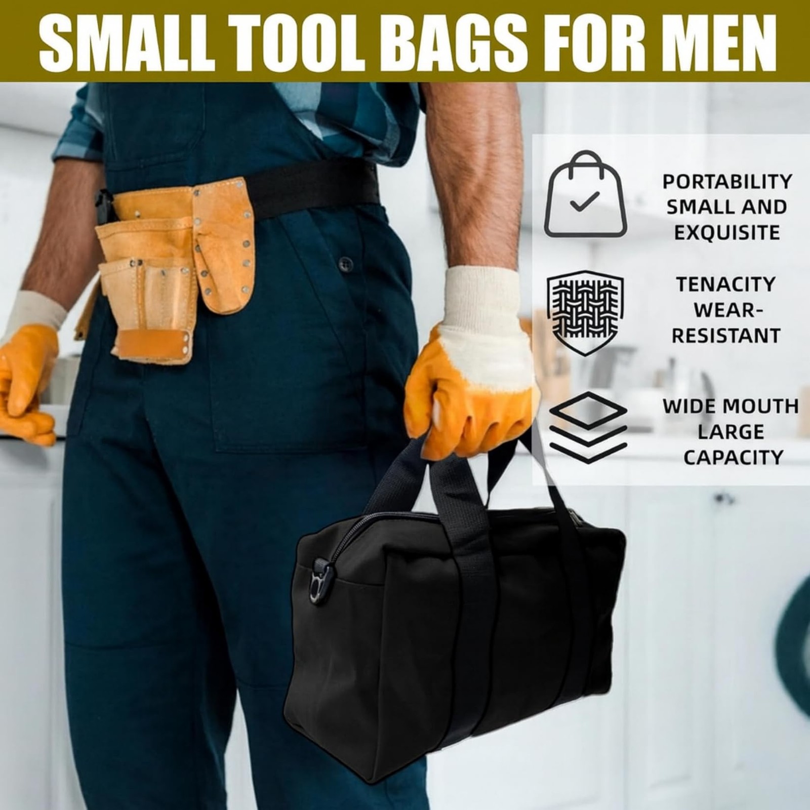 BLIRITEL 16 Inch Wide Mouth Tool Bag, Heavy Duty Canvas 16 Inch, Black