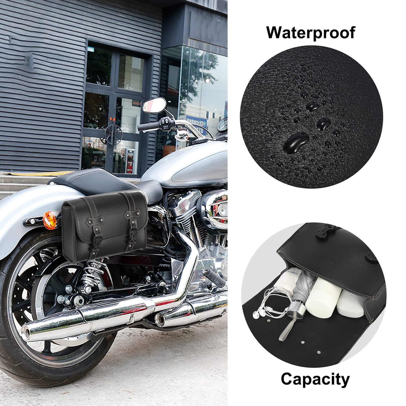 Motorcycle Tool Bag Handlebar Faux Leather Cycling Luggage Waterproof Black