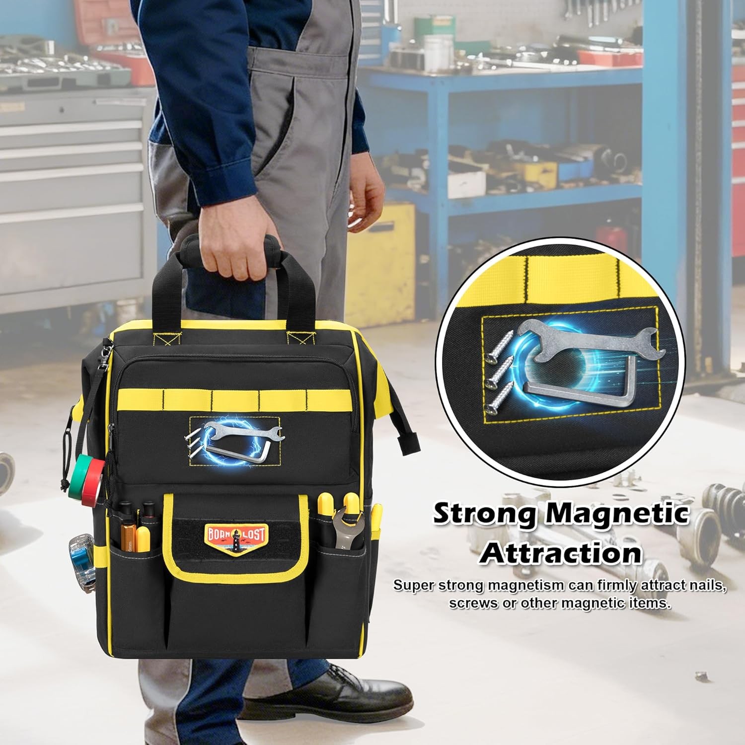 Tool Bag Backpack with Zipper Pouch and Magnetic Attraction Area, Heavy-Duty Too