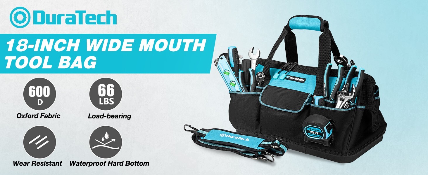 DURATECH 18-Inch Large Tool Bag w/Waterproof Hard Bottom Heavy Duty w/19 Pockets