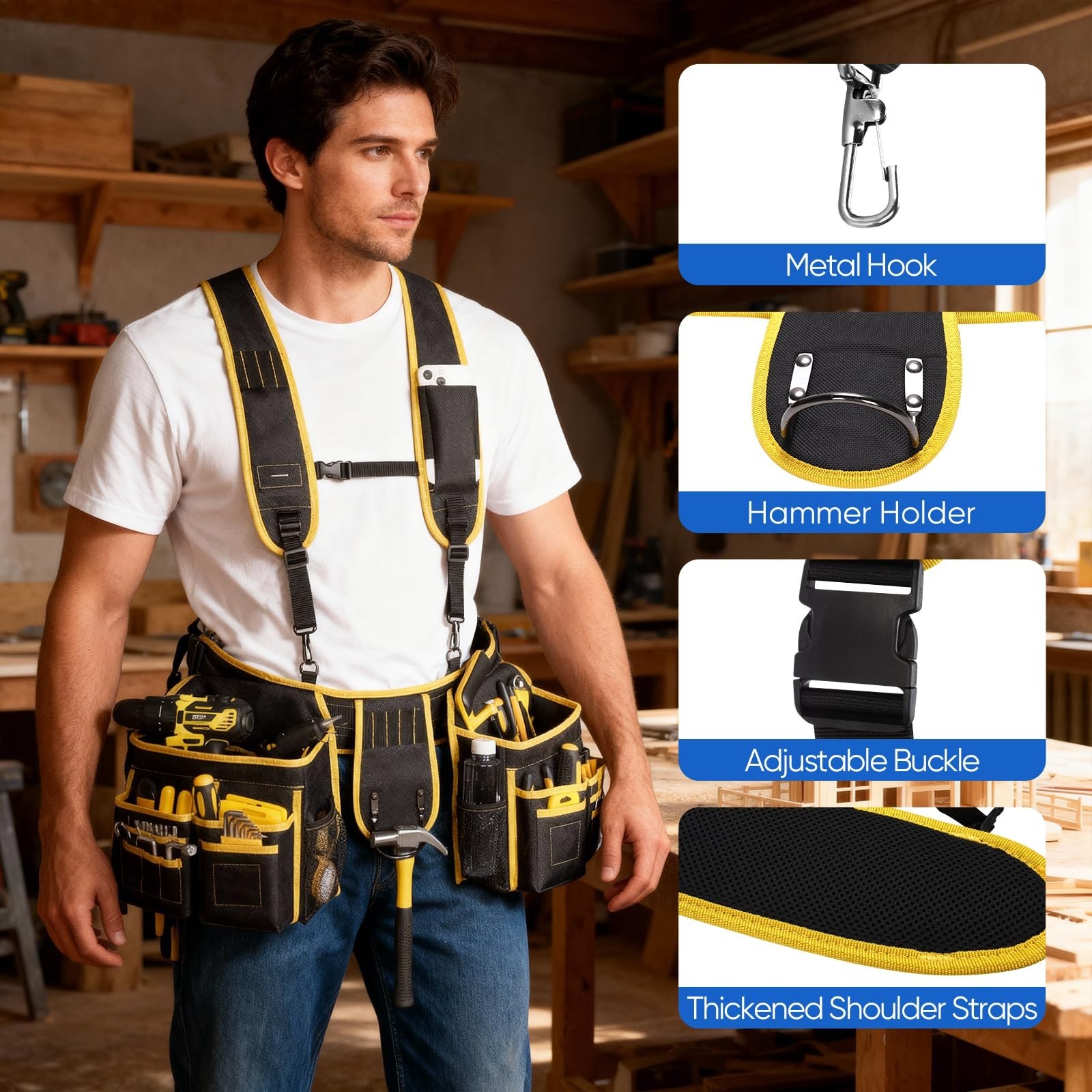 Heavy Duty Tool Belt with Suspenders, 28 Pockets, Magnetic, Adjustable 32″-66